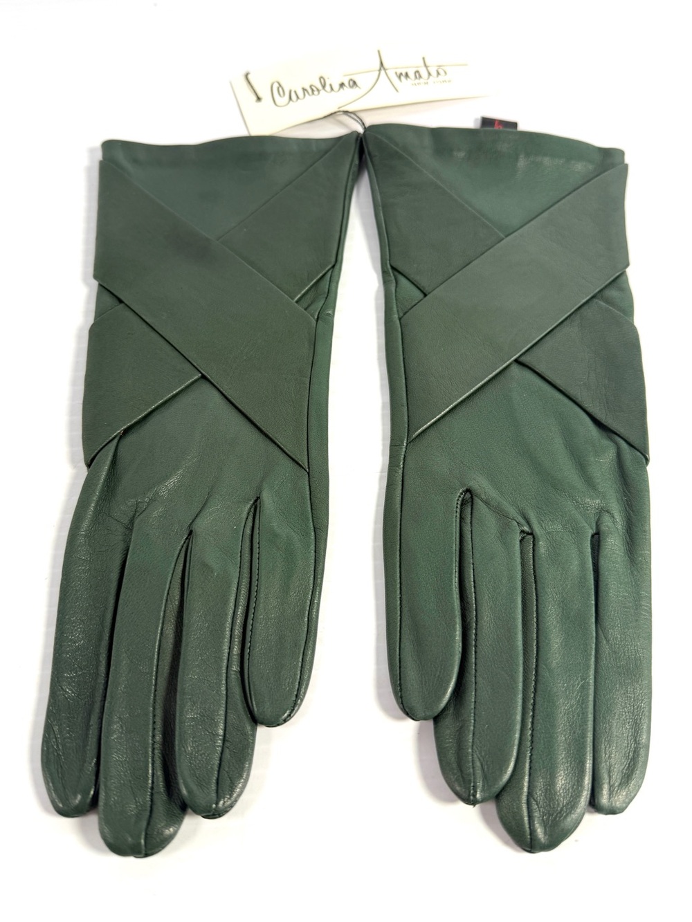 Carolina Amato Forest Green Leather Gloves with Wrapped Wrist Detail